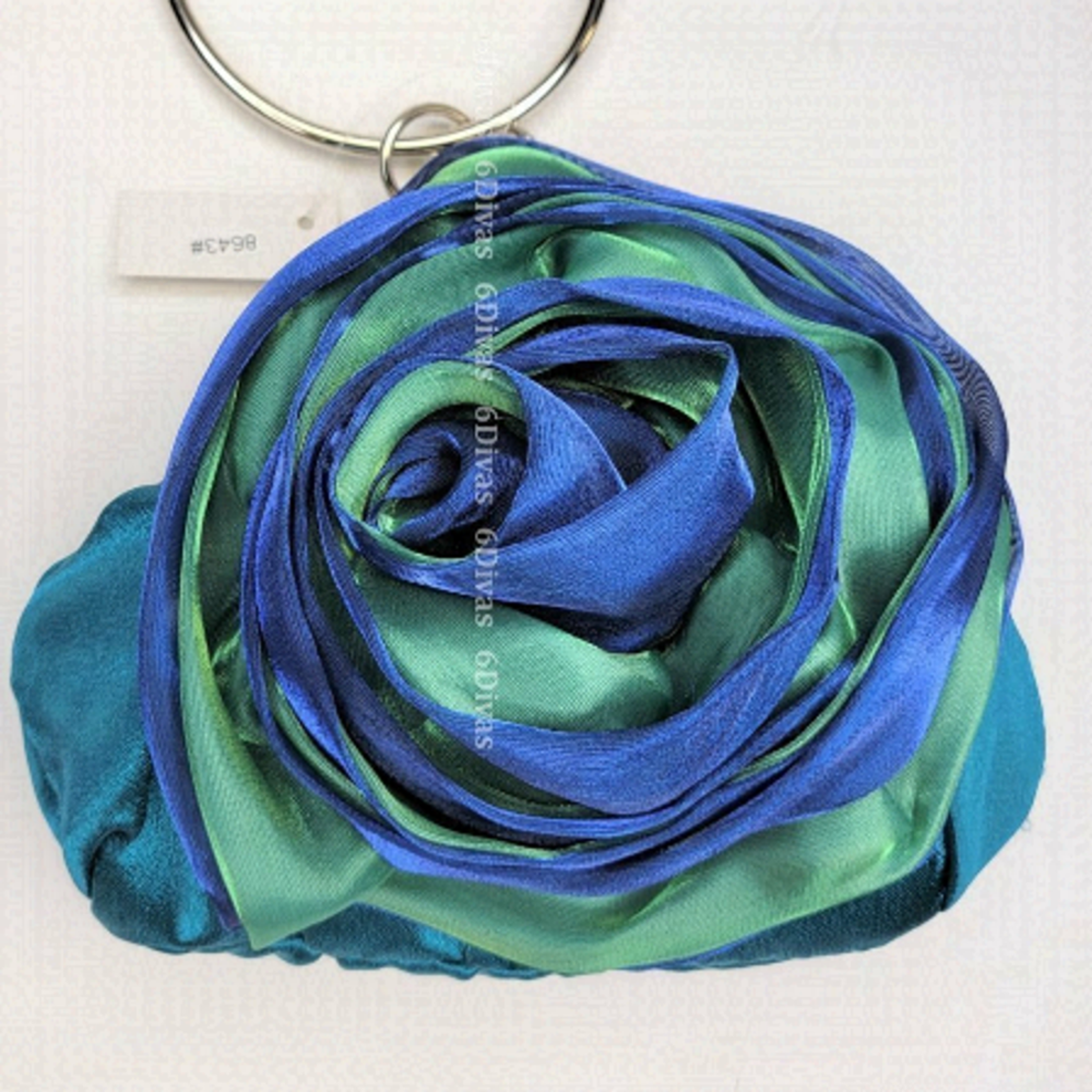 Turquoise Blue Green Floral Satin Evening Clutch Purse NWT